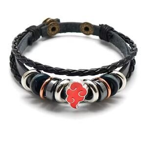 Naruto Akatsuki Cloud Bracelet – Black Leather Anime Wristband with Metal